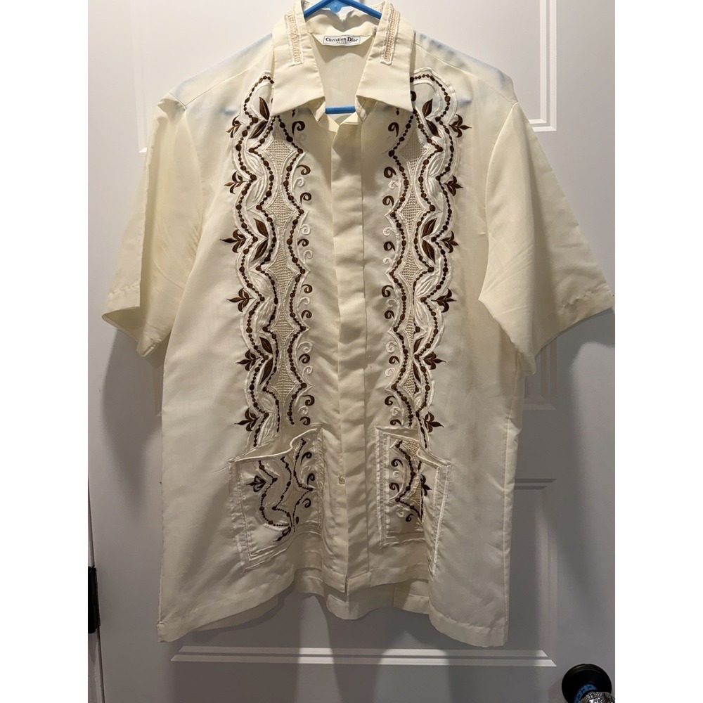 Vintage Christian Dior Paris L Embroidered Barong Guayabara Shirt Ivory Brown